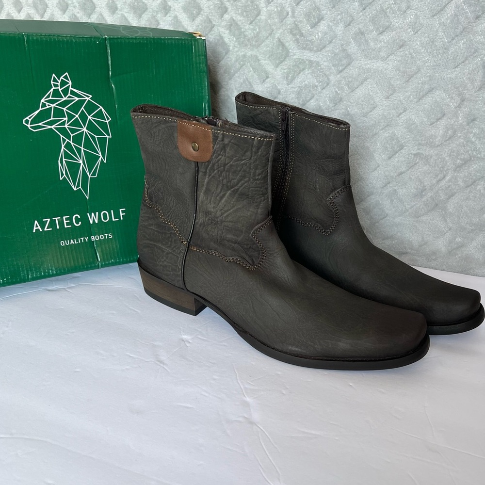 Aztec Wolf Men’s Brown Cowhide Cowboy Western Leather Boots Zipper Mexican Sz 12